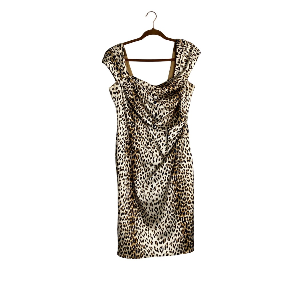 Vintage Tadashi Shoji Leopard Print Y2K Midi Dress Ruched Bodycon Quiet Luxury